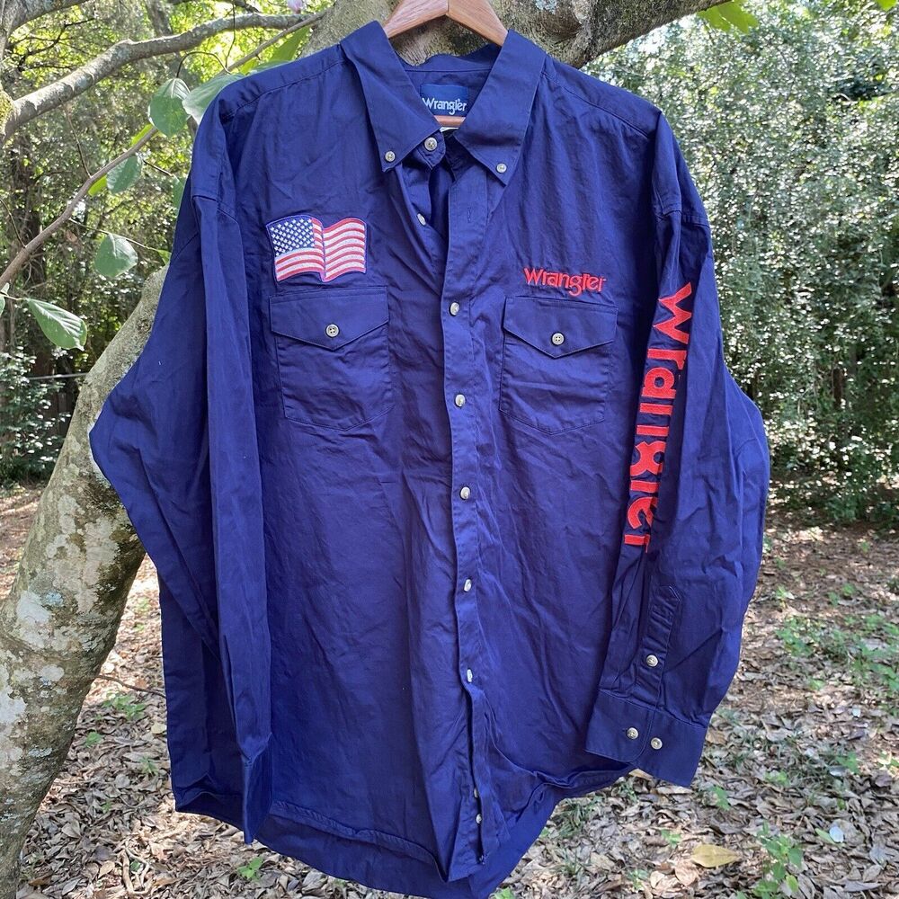 Vintage Wrangler Button Up Western Shirt USA Flag Mens Size XXL 2XL Cotton